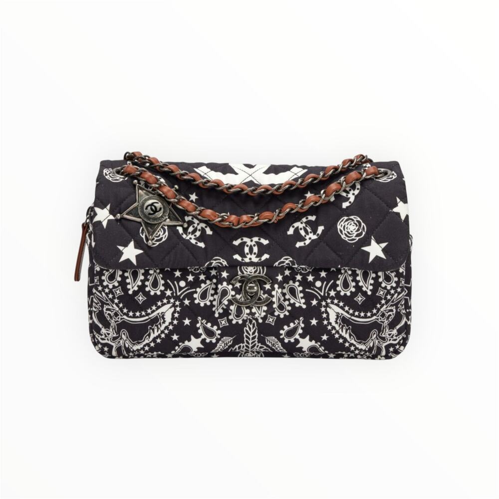 Chanel Black and White Quilted Canvas Paris-Dallas Bandana Medium Flap Bag2014